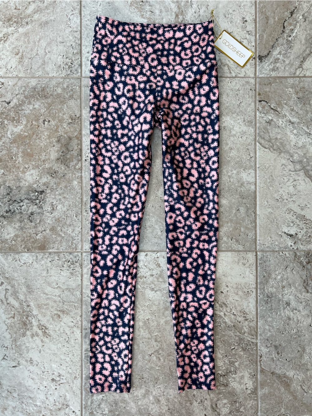 NWT Goldsheep High Waist Varsity Leopard Legging Tights Pink/Navy Blue, Small